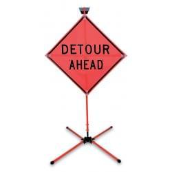 Econo Buster Sign Stand with 36" × 36" roll-up sign (Detour Ahead)